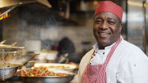 Cheerful African American chef in commercial kitchen. Perfect for culinary profession, food service, and restaurant industry content