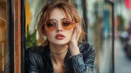 Stylish woman in leather jacket and sunglasses against urban backdrop. Suitable for fashion editorial, street style, and urban lifestyle