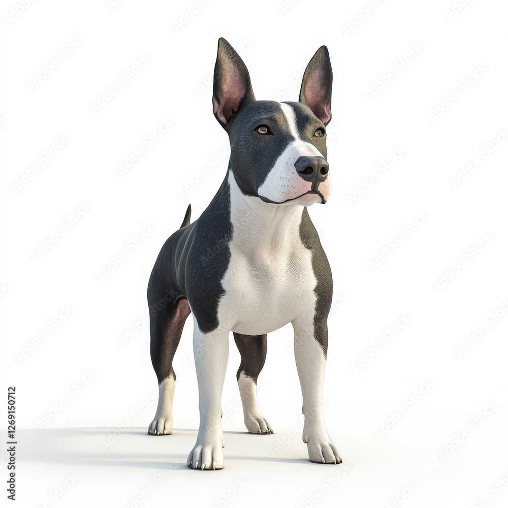 3D Render of a Bull Terrier Standing with Its Head Tilted