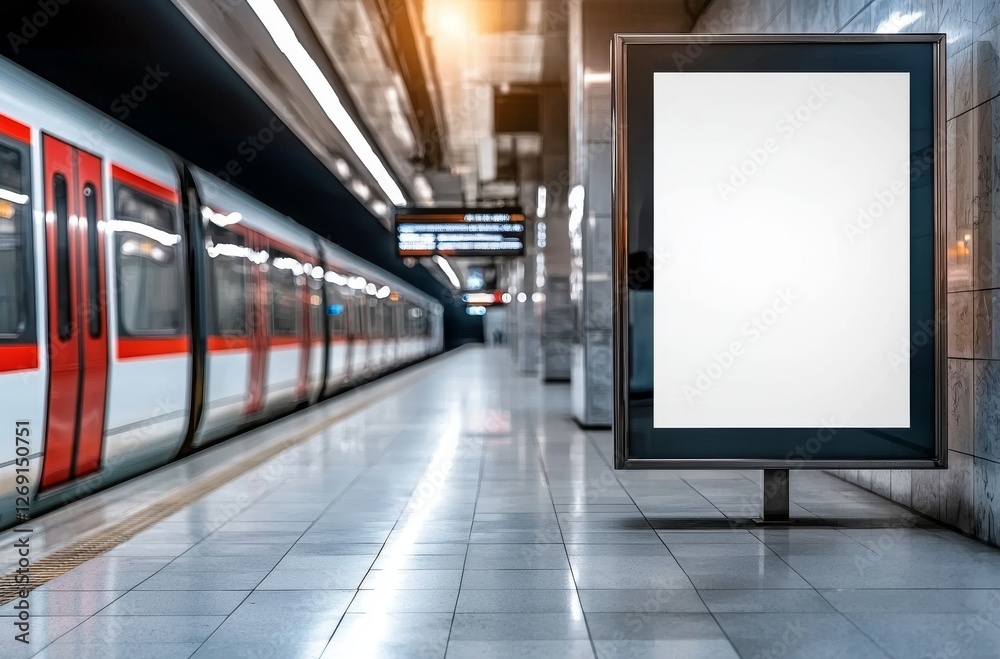 Modern subway station with vacant advertisement board and sleek train in motion at night providing urban commuting atmosphere Modern subway station with vacant advertisement board and sleek train in motion at night providing urban commuting atmosphere