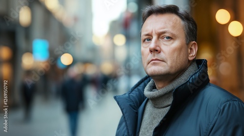Serious businessman in winter coat on evening street. Perfect for urban professional, modern lifestyle, and contemporary portraits