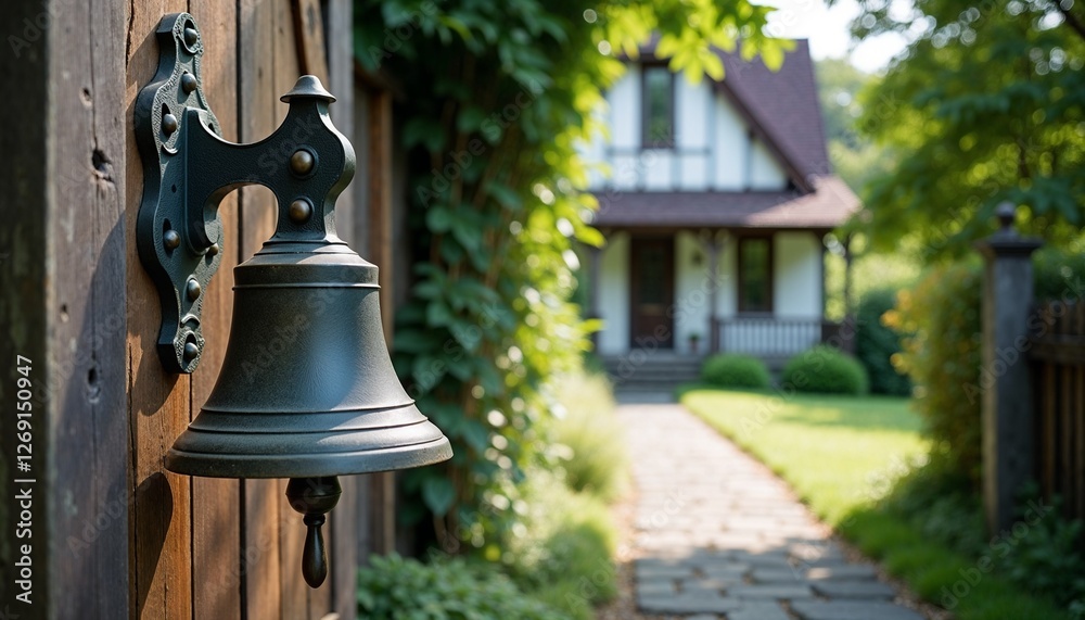 Obraz premium Old-fashioned cast iron entrance bell, hanging from rustic wooden gate, leading to cozy cottage 