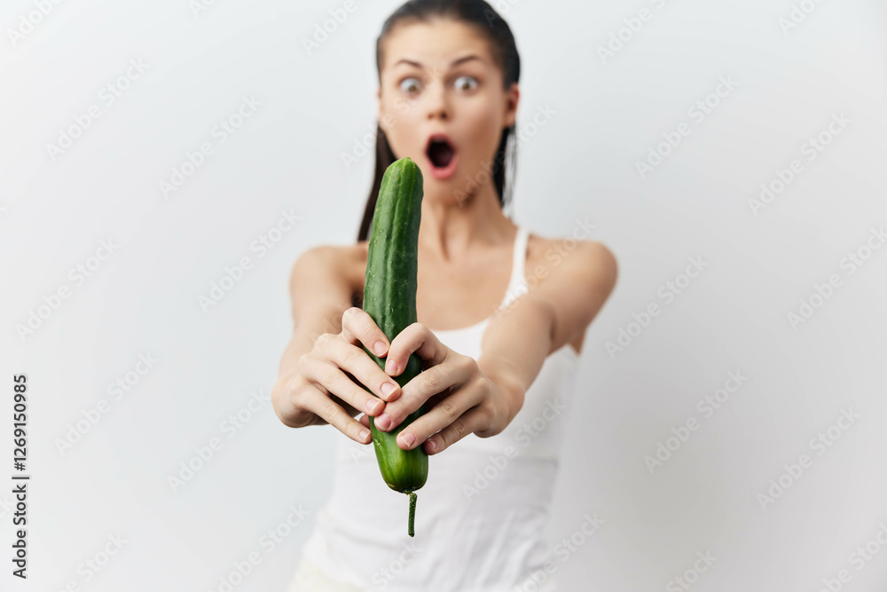 woman with a cucumber in her hand imitation sex toy on white background woman with a cucumber in her hand imitation sex toy on white background