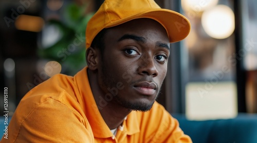 Thoughtful African American man in yellow cap at cafe. Perfect for urban lifestyle, casual fashion, and contemporary portraits