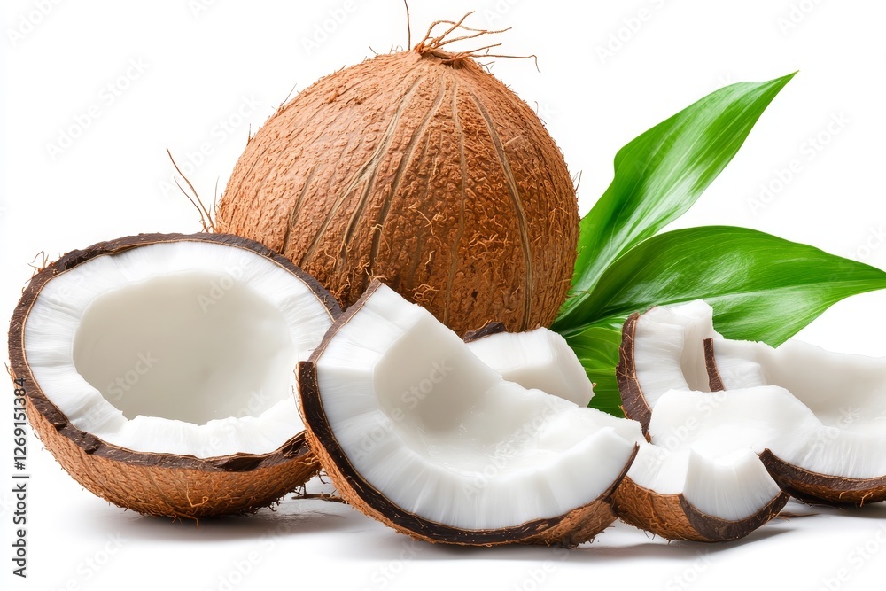 Whole and sliced coconut with green leaves on white background Whole and sliced coconut with green leaves on white background