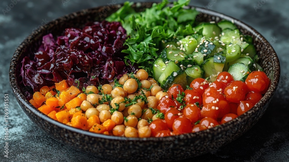 A colorful salad bowl featuring fresh vegetables like lettuce, tomatoes, cucumbers, chickpeas, and red cabbage arranged artfully for an appetizing presentation. A colorful salad bowl featuring fresh vegetables like lettuce, tomatoes, cucumbers, chickpeas, and red cabbage arranged artfully for an appetizing presentation.