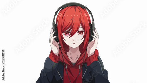 Red-Haired Anime Girl Wearing Headphones