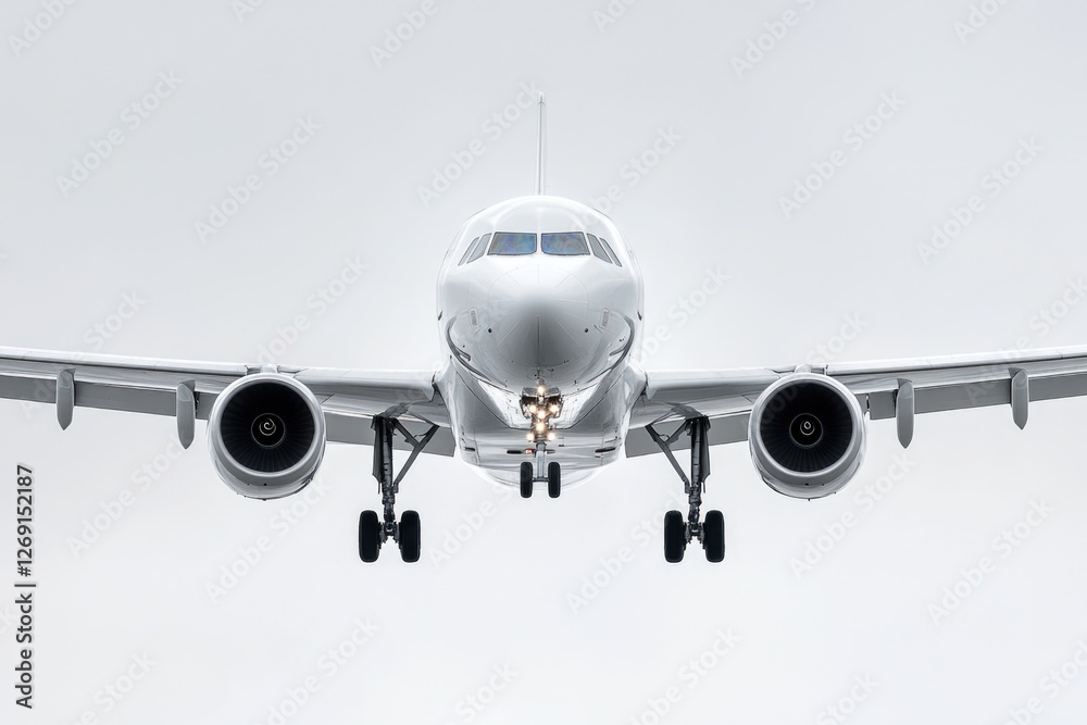 Fototapeta premium Airliner soaring above clouds with white puffy clouds below, ideal for travel or aviation themes