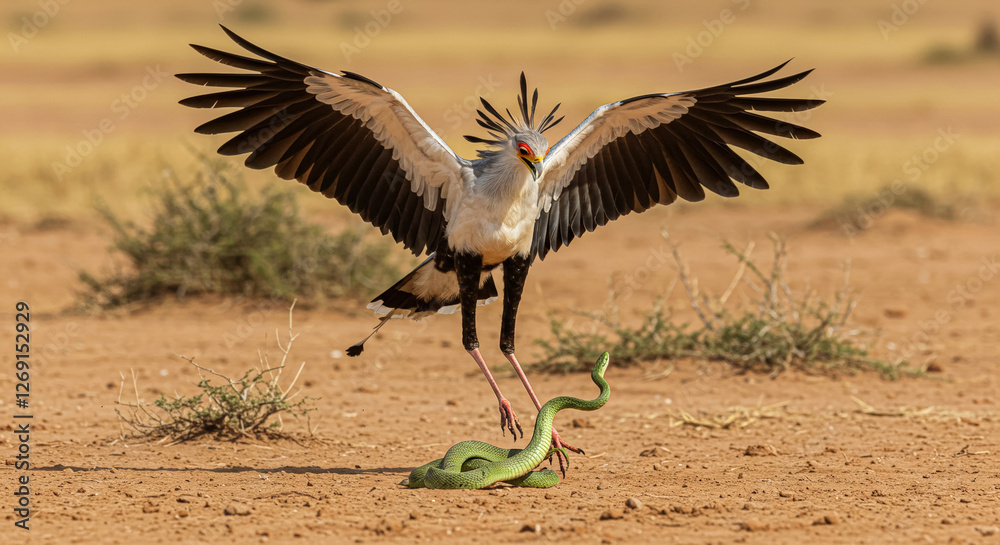 Fototapeta premium Secretarybird Battling a Green Snake in African Savanna