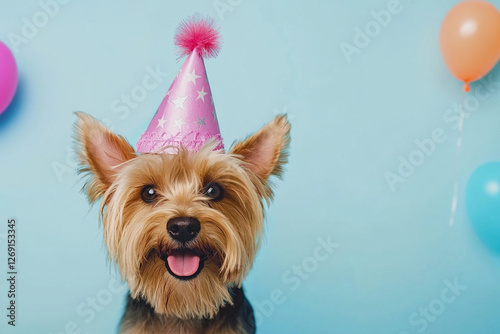 Funny dog wearing pary hat, birthday celebration card. Generative AI photo