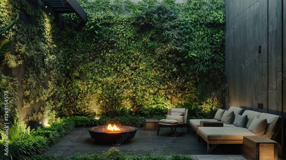 Obraz premium A modern patio garden with a small fire pit, stylish outdoor furniture, and lush green walls.