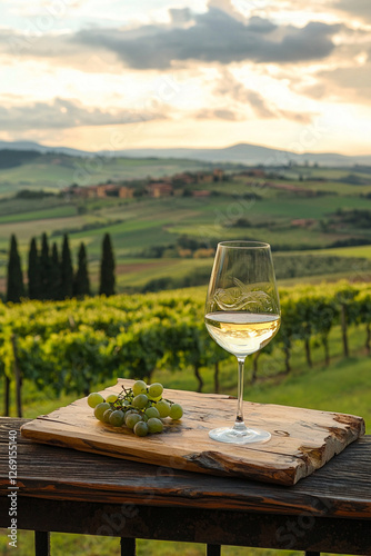 Glass of wine served on wooden plank, Tuscany vineyards in background, mockup. Generative AI