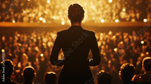 Female Politician Addressing an Audience on a Grand Stage