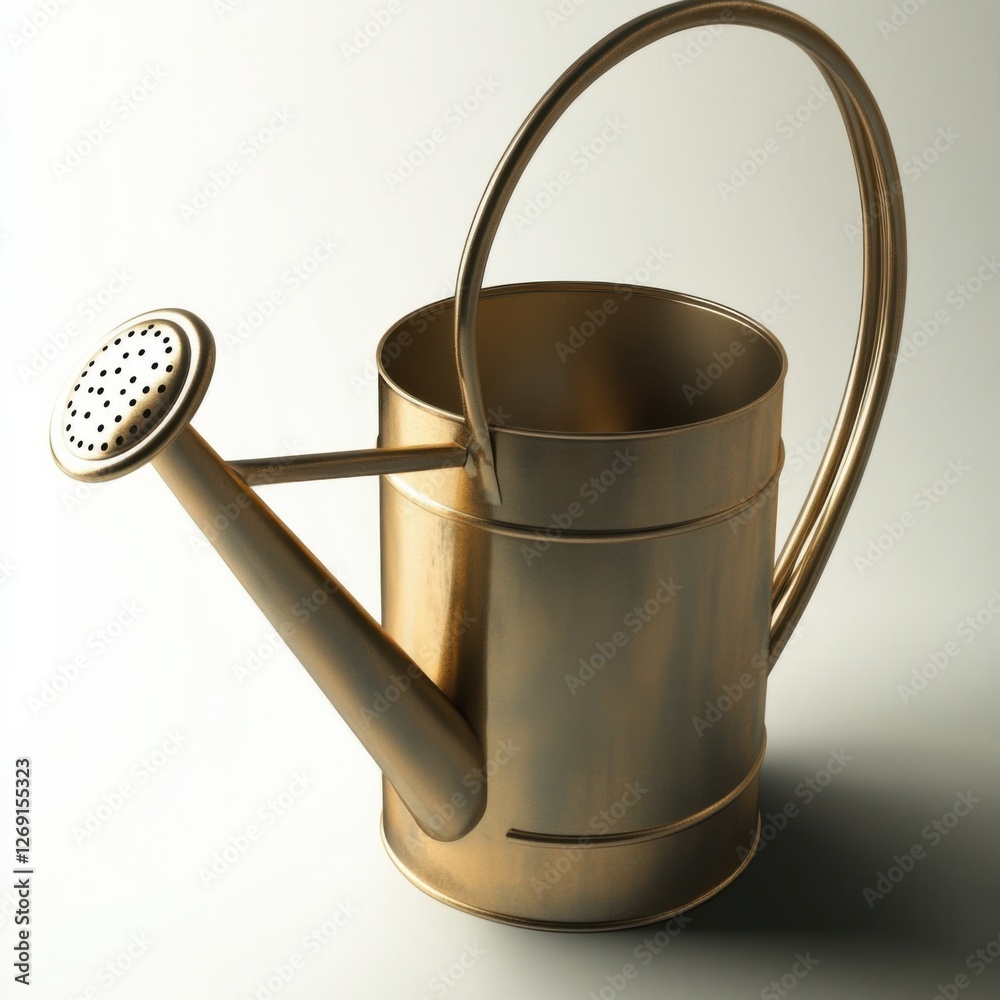 A metallic watering can with a sleek design, featuring a curved handle and a perforated spout, set against a soft gradient background. A metallic watering can with a sleek design, featuring a curved handle and a perforated spout, set against a soft gradient background.