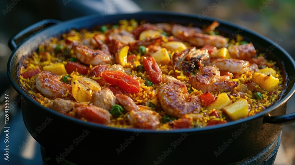 A pan filled with various foods placed on a table, ready for serving A pan filled with various foods placed on a table, ready for serving