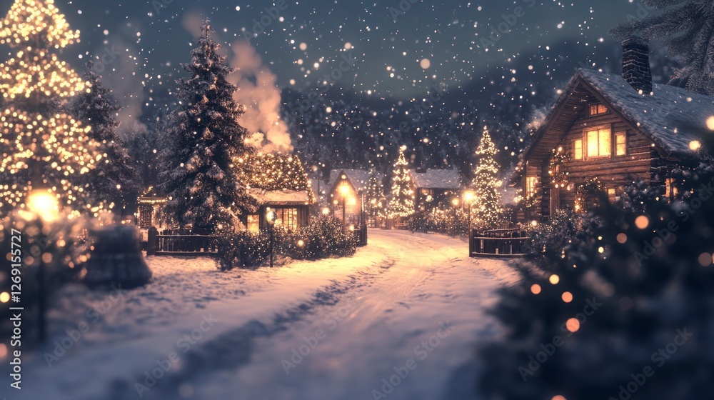 Fototapeta premium Vibrant Snowy Village Decorated for Christmas With Twinkling Lights and Trees in a Magical Winter Wonderland