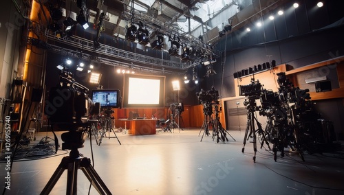 Studio TV production, cameras, lights, filming, broadcast