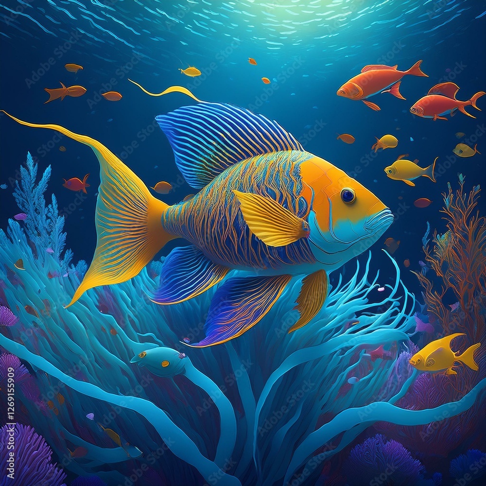 Naklejka premium Colorful fish with blue seaweed beauty of underwater nature