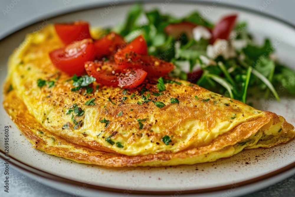 A plate of omelet served with a side salad, great for breakfast or lunch A plate of omelet served with a side salad, great for breakfast or lunch
