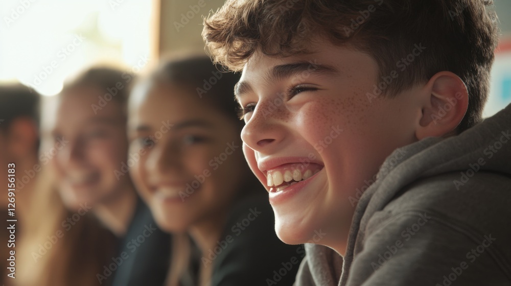 Obraz premium Students Laughing Together in a Classroom Close-Up