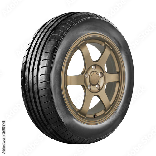 car wheels and tire side view gold color isolated on white background.