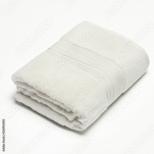 A neatly folded white bath towel with a textured surface and decorative stitching, placed on a light background.