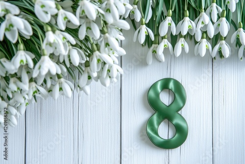 A number eight encircled by delicate snowdrops, often used in floral arrangements or as a symbol of good luck photo