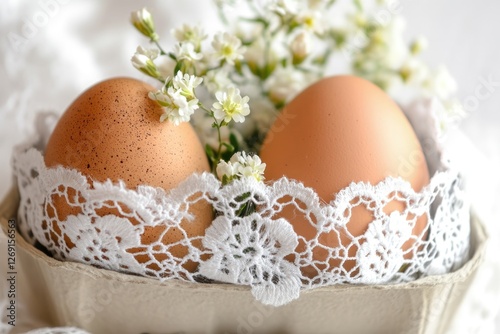 Fresh eggs packaged in a decorative carton with lace and flowers, great for Easter or spring themed images