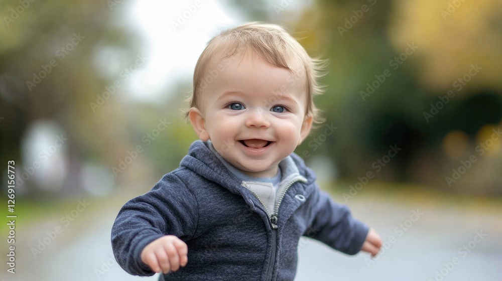 Young child smiling and walking on sidewalk with buildings in background Young child smiling and walking on sidewalk with buildings in background
