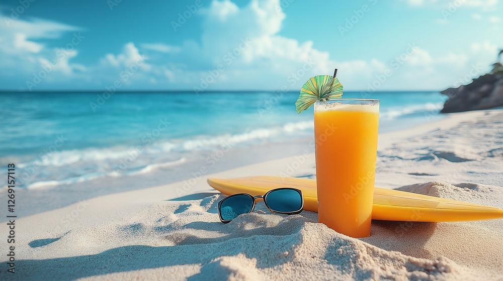 Advertising photography, a mini -surfing mini board, sunscreen and appelsin juice are in the sand on the beach against the backdrop of the sea