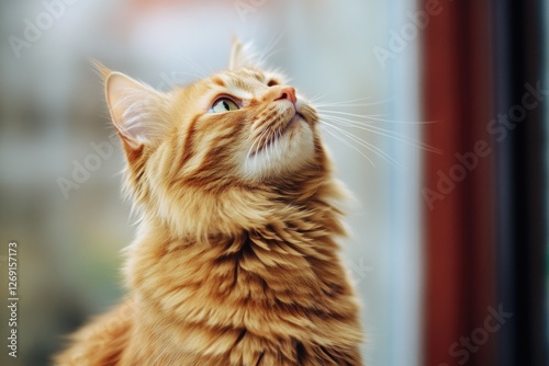 Close-up shot of a curious cat looking up with big eyes and whiskers