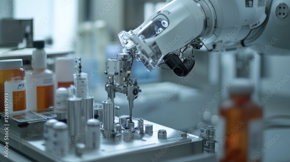Robot working on bottling equipment in a laboratory setting, ideal for science and technology illustrations Robot working on bottling equipment in a laboratory setting, ideal for science and technology illustrations