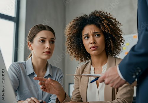 Women in business discussion during business meeting with team discussion. Businesswomen looking at documents with concerned expressions during team meeting. Business meeting and team discussion