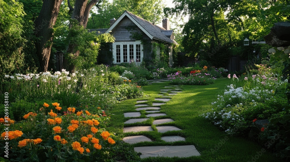 A picturesque garden path covered with ivy and blooming plants, leading to a peaceful backyard. A picturesque garden path covered with ivy and blooming plants, leading to a peaceful backyard.