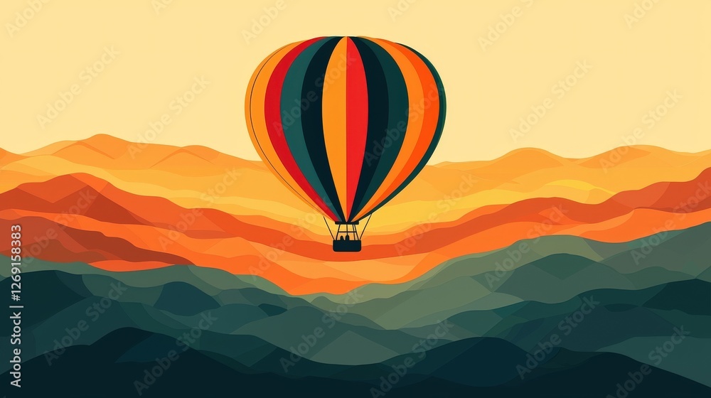 Fototapeta premium Vibrant Stylized Vector Illustration of Hot Air Balloon Floating Above Mountains
