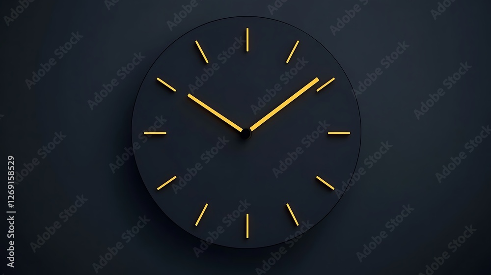A modern minimalist black clock with yellow hands A modern minimalist black clock with yellow hands