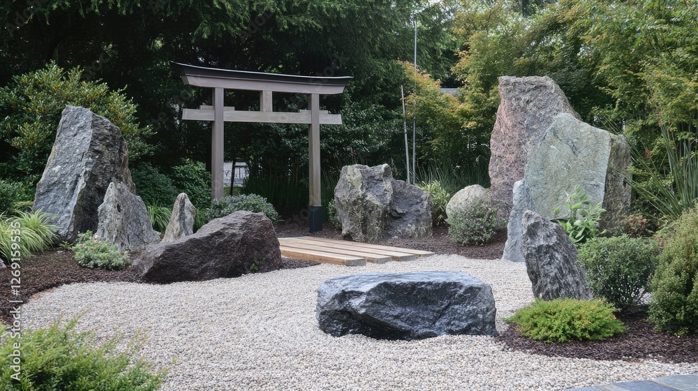A rock garden featuring large monolithic stones, a raked gravel bed, and a Japanese torii gate. A rock garden featuring large monolithic stones, a raked gravel bed, and a Japanese torii gate.