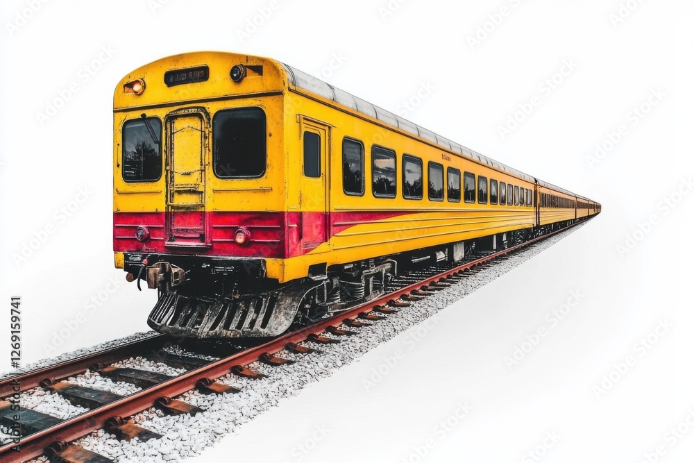A vibrant yellow train car on a set of railway tracks, featuring a minimalist white background that emphasizes its distinct colors and structure. A vibrant yellow train car on a set of railway tracks, featuring a minimalist white background that emphasizes its distinct colors and structure.