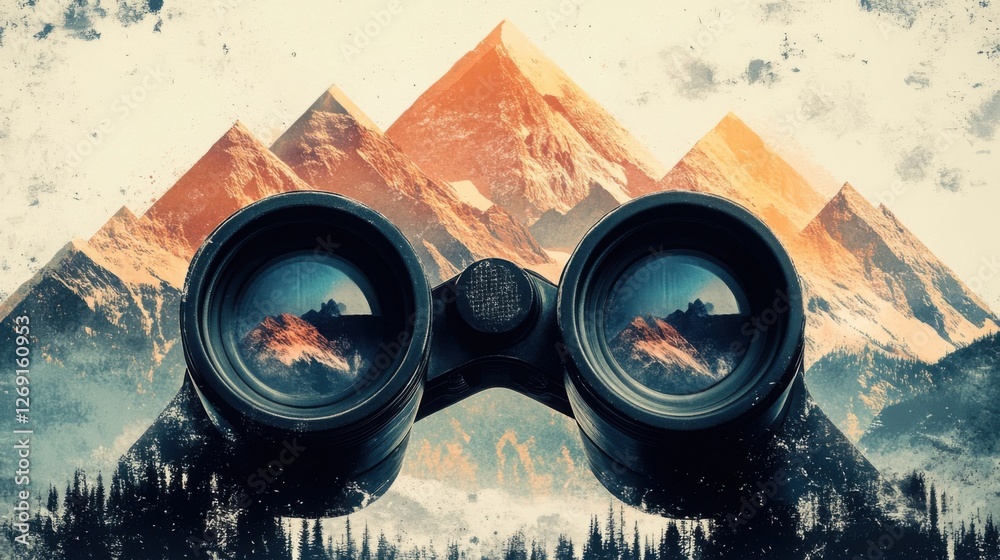Binocular View of Majestic Snow Capped Mountains at Sunset Binocular View of Majestic Snow Capped Mountains at Sunset