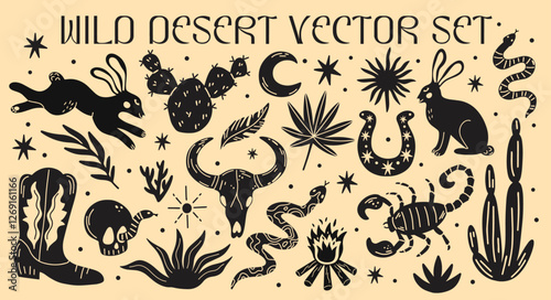 Wild west desert vector sticker elements set. Collection of cute groovy funky cartoon illustration of cowboy western boots, cowgirl aesthetic, animals, plants, horseshoe, snake, skull, cactus