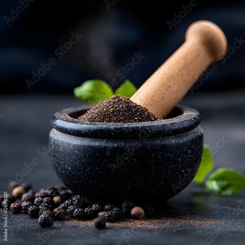 Ground black pepper mortar pestle dark background cooking