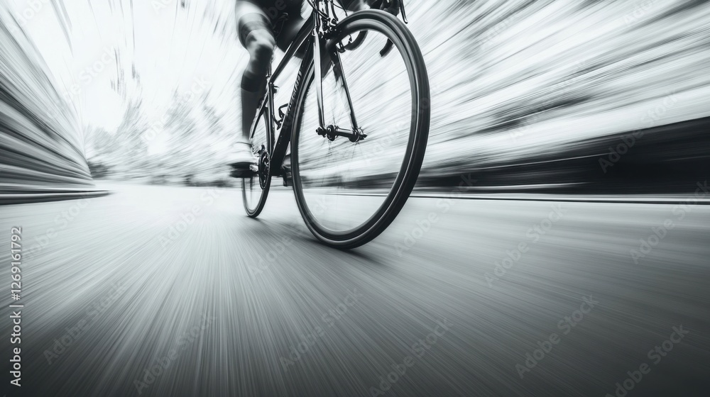 Obraz premium Cyclist Speeding on City Road Black and White Motion Blur
