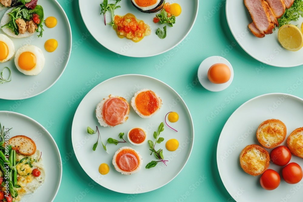 A table set with various plates of food for breakfast or brunch, ideal for editorial use A table set with various plates of food for breakfast or brunch, ideal for editorial use