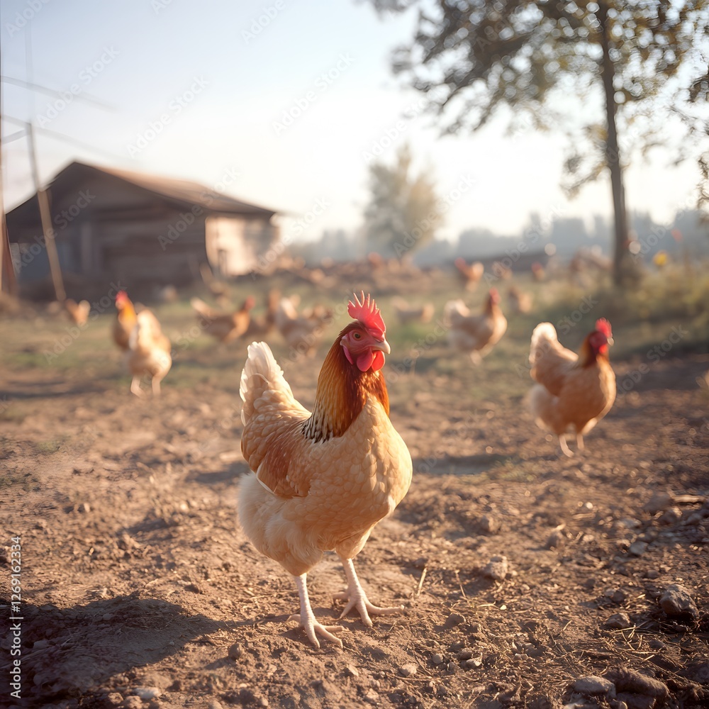 Fototapeta premium Hen, flock, farm, sunrise, rural, dust, morning, poultry, agriculture, rustic