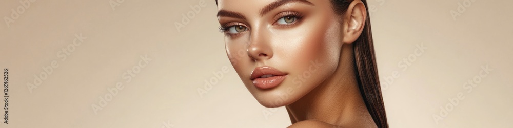 Fototapeta premium A woman with long brown hair and makeup, great for beauty or fashion use