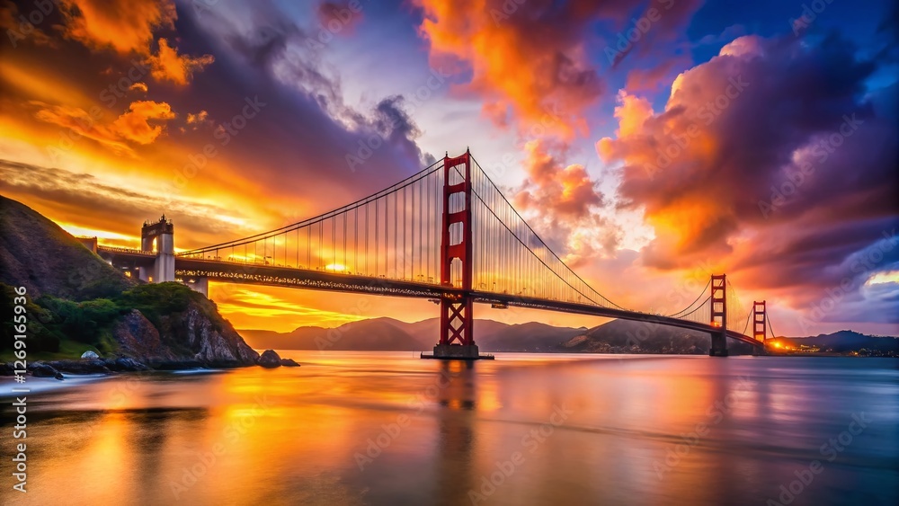 Fototapeta premium Silhouette Golden Gate Bridge San Francisco Bay Sunset Dramatic Sky