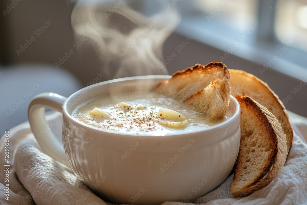 Steaming bowl of creamy soup with melted cheese and spices, served with crispy toasted bread slices on a cozy napkin near a window Steaming bowl of creamy soup with melted cheese and spices, served with crispy toasted bread slices on a cozy napkin near a window