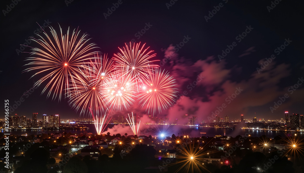 Vibrant fireworks bursting over city skyline at night, festive celebration Vibrant fireworks bursting over city skyline at night, festive celebration