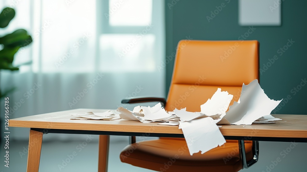Abandoned office desk with scattered papers Concept, Torn Paper Sheets Scatter on Table Beside Upturned Orange Chair in Dusty Room with Minimalistic Background Abandoned office desk with scattered papers Concept, Torn Paper Sheets Scatter on Table Beside Upturned Orange Chair in Dusty Room with Minimalistic Background