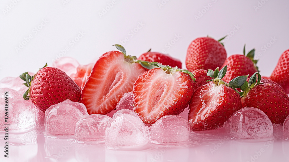 Juicy strawberries with ice cubes, covered in moisture droplets, creating a refreshing effect Juicy strawberries with ice cubes, covered in moisture droplets, creating a refreshing effect